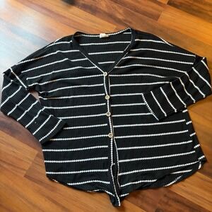 BIBI Black White Striped Waffle Knit Button Front Cardigan Top‎